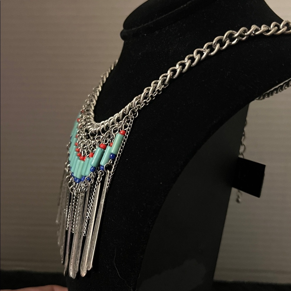 Vintage Silver Blue Statement Necklace Fully Adjustable Drop Length to 10” - Picture 3 of 7